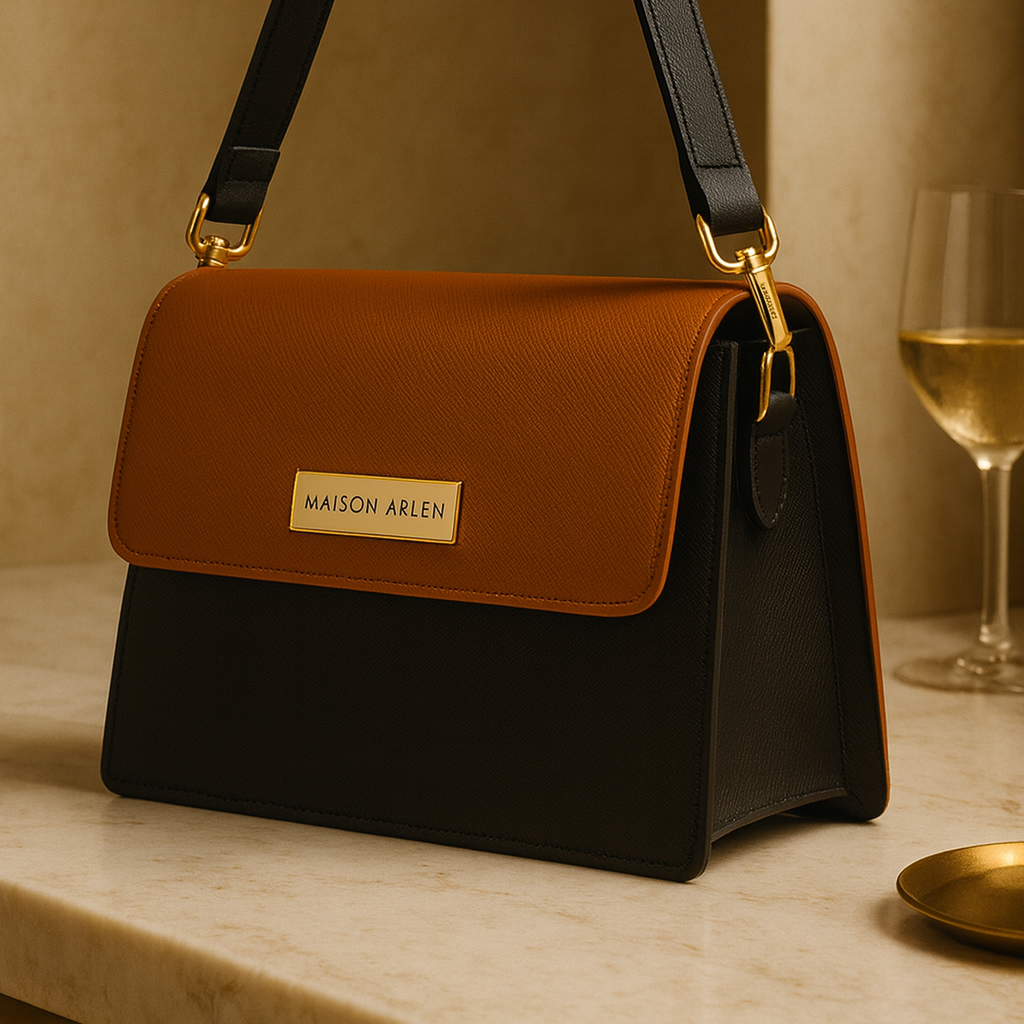 Brown and black handbag with gold accents on a marble surface with a glass of wine in the background.