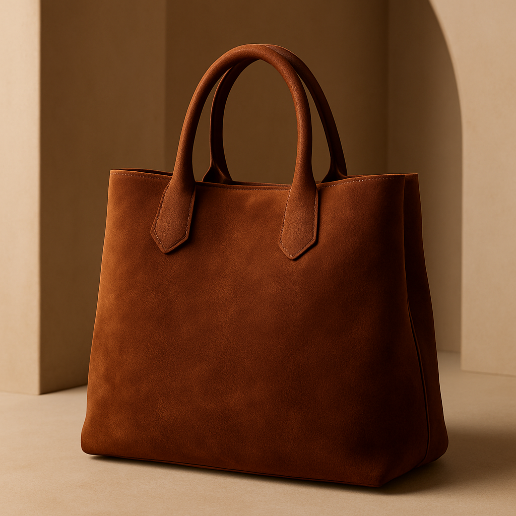 Brown suede tote bag with handle and minimalist design