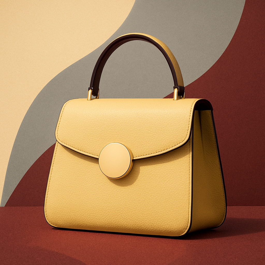 Abstract luxury handbag in butter yellow, gray and oxblood tones with curved handle against stylish background.