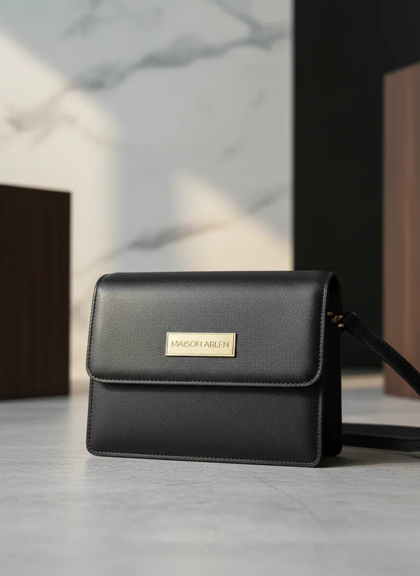 Maison Arlen Legacy Bag Black Edition front view with gold Maison Arlen plaque on marble background